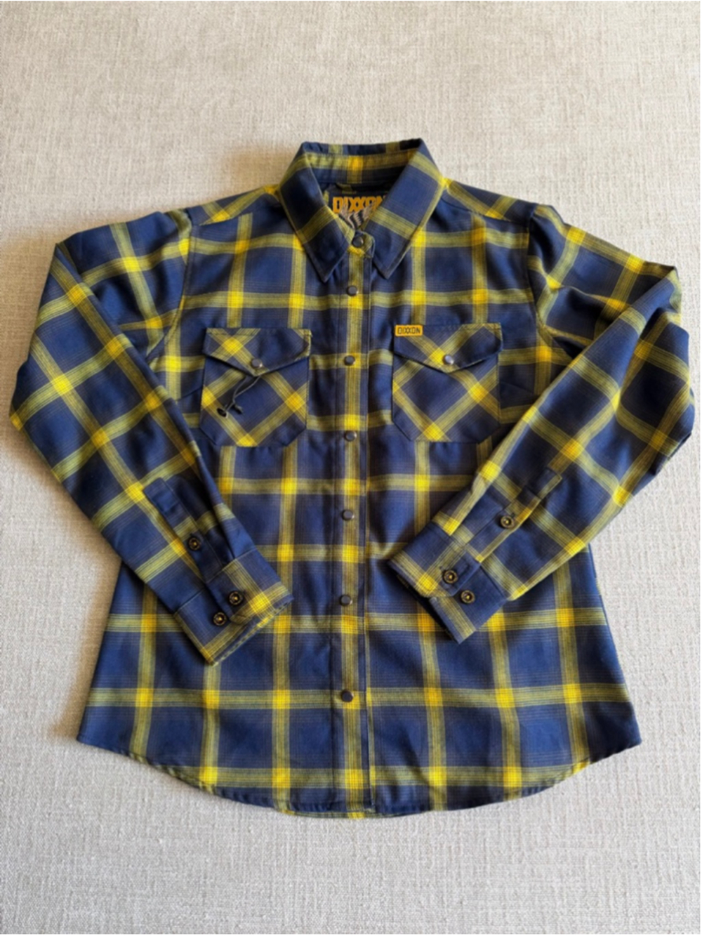 Dixxon Women's Aim High Flannel navy blue and yellow plaid size medium